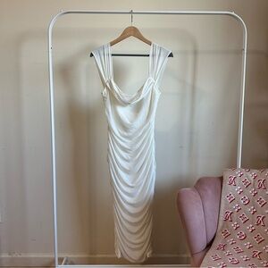 Draped White Midi Off Shoulder Dress Size L